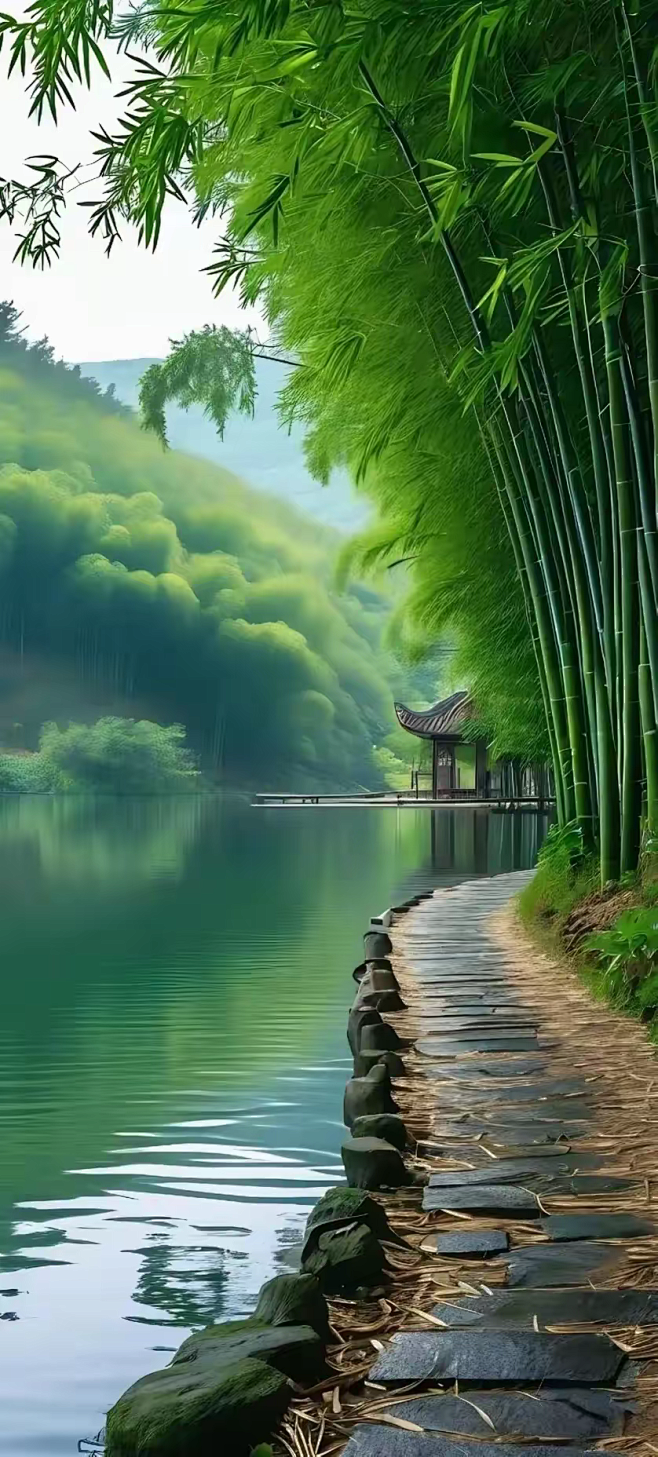云雾缭绕隐远山，
翠竹高耸入云端。
微风...