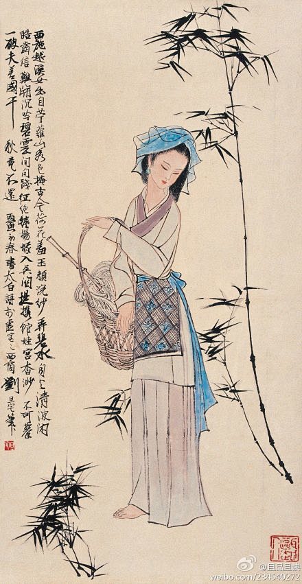 刘旦宅仕女图：你清颜素衣，花逝无痕。披一...