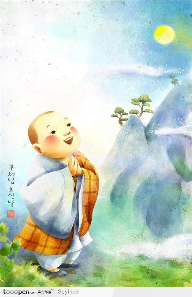 手绘僧侣插画双手合十礼仰望天空虔诚的小和尚