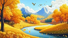 【AI数字艺术】秋日山谷溪流插画下载