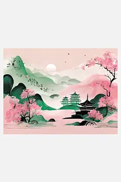 AI数字艺术粉绿风景水墨画-众图网