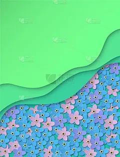 剪纸的背景。淡蓝、粉红、紫色的小花勿忘我。夏季花卉设计在绿色。海报、横幅、手册。向量
