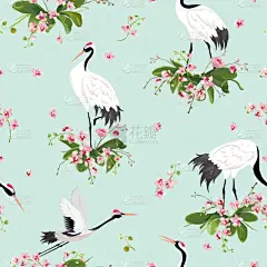 四方连续纹样,丹顶鹤,华丽的,请柬,和服,纺织品,壁纸,鹳,花,复古