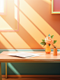 teacher's desk on the wooden table in the corner of the classroom c4d 3d, in the style of light orange and d4d, hard edge painting, uhd image, solarization, atey ghailan, asymmetrical framing, light pink and amber