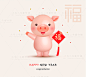 2019新年海报猪年卡通可爱Q版小猪3D立体形象插画海报PSD模板F02-淘宝网