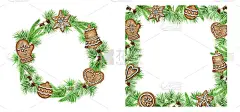圣诞节边界花环姜饼饼干贺卡，海报，旗帜的概念。圆形框架的松枝球果在白色的背景，新年水彩手绘插图与复制