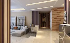 走廊配以条纹壁纸,在视觉上把房高提高.