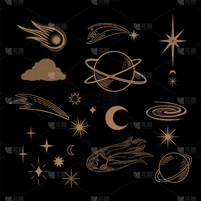 手绘一套天体。闪光纹身，贴纸，补丁或打印设计矢量插图。矢量插图的太阳，恒星，行星，月亮，云。矢量复古