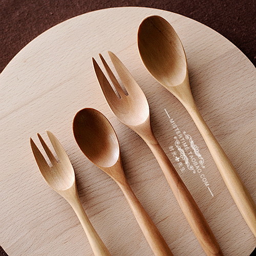 日式简约木制餐具套装 木制沙拉勺子叉子创...