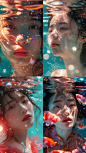Style: Photo of Subject: A Chinese girl underwater, wearing modern fashion, Setting: In a colorful and minimalist cartoon ocean, Composition: Girl's face close-up in a New Sea style setting, Lighting: Bright natural light with soft reflections underwater,