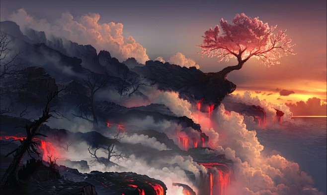 天空,云,火山,树,唯美艺术,4k风景壁...