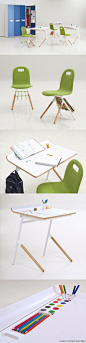 『儿童桌椅设计』这是一个来自于美国纽约的家具设计项目Tools at Schools，既好看又实用，环保材质制成，每张椅面后下方都有收纳篮可以放置书本，桌子是凹槽可以防止物品从前端掉落，同时能以斜面摆放书籍方便阅读。
