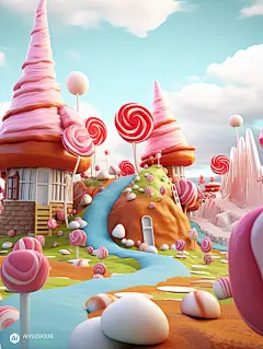 C4D风格卡通可能棒棒糖奶油软糖蛋糕童话城堡世界midjourney关键词咒语-ai宇宙吧