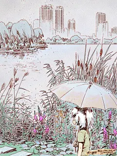 咬人画的-阴雨天

最近天气一直灰沉沉的，连续几日的阴雨，
闷热潮湿，自己呆在屋里一直提不起劲来。
昨日也是一直下雨，但气氛有些不对了，气温变得冷冷的。
让我觉得像是秋雨的感觉，于是冒雨出去走了走。
去旁边公园的湖边看看，湖水已经漫到岸边，
水草已经相当茂盛了，灰蒙蒙的湖边开了一些紫色
和黄色的野花。雨点打在湖面，涟漪都碎了，
偶尔湖中央有几个大涟漪，是鱼在透气吧...
自己寄住的小区和远处的高楼都迷迷蒙蒙的看不清了，
恍然间觉得自己真的身处在野外的湖边，
这种感觉真是不错，回屋就涂鸦了这个，与大家分享下