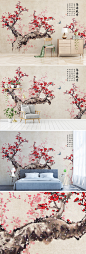 新中式手绘梅花工笔花鸟背景墙装饰画