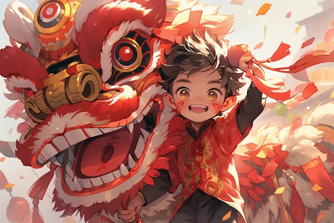 醒狮祝福国潮国风舞狮少年庆祝插画图片-花瓣网