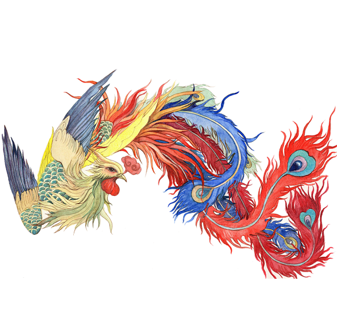 手绘水彩凤凰水墨火焰中国风免抠透明背景P...