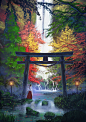 General 1200x1697 digital art artwork portrait display drawing illustration trees torii Japanese waterfall stream women lamp fall stones colorful