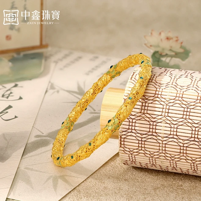 中鑫珠宝敦煌宝相花手镯古法黄金手镯珐琅花丝镂空工艺足金镯子女-tmall.com天猫-花瓣网