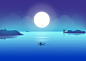 Landscape illustration :  Full moon with fisher man - Landscape illustration