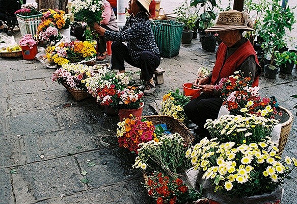 古城街头的卖花地摊，很是热闹。