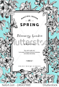 Vintage vector vertical card spring. Black and white blooming branches of lilac, peach, pear, pomegranate, apple on mint background. 正版图片在线交易平台 - 海洛创意（HelloRF） - 站酷旗下品牌 - Shutterstock中国独家合作伙伴