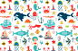 Sea set : Sea set. Vector characters and patterns