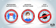 Covid-19门贴纸。警告标识:请保持1.5米的安全距离，不戴口罩禁止进入，阻止Covid-19。