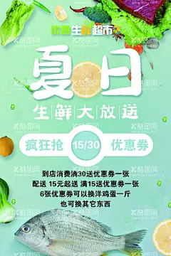 超市生鲜促销海报  - 源文件下载【酷图网】超市,生鲜,促销,夏日,疯狂抢,优惠券