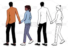 可爱的涂鸦。男人和女人在约会或浪漫的散步。手绘矢量插图。颜色和轮廓绘图集孤立在白色。情人节设计，卡片