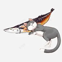 小猫和鱼睡觉片高清素材 手绘色彩 灰色猫 睡觉 秋刀鱼 装饰素材 元素 免抠png 设计图片 免费下载 页面网页 平面电商 创意素材