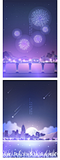 唯美现代城市夜晚夜景星空月亮流星灯光烟花风景插画AI矢量素材-淘宝网