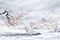 中国风水墨唯美白色雪景梅花大寒冬天山水风景插画海报背景素材