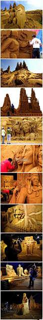 全球创意大搜刮#创意沙雕#恢弘的沙雕城堡，这是在比利时举行的世界上最大的沙雕艺术节，作者们用逾万吨沙打造的沙雕作品。[酷]