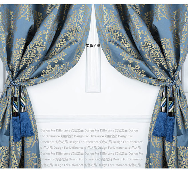 蓝色绸缎提花窗帘 新古典现代中式卧室落地...