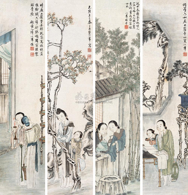 费以群——仕女人物小景 四屏立轴欣赏  ...