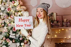 红唇微笑的女人举着新年快乐的标志。圣诞装饰