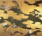 Tale of Genji; ink and color on gold paper mounted as a two-panel screen attributed to Tosa Mitsuyoshi