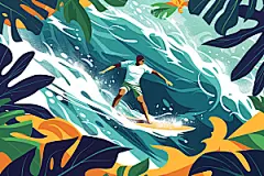扁平风冲浪手绘夏季插画