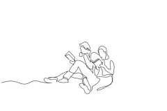 一笔画 | 图源免费EPS文件 |情侣（女子和男友）在公园外看书放松的生活场景，单线艺术设计矢量图