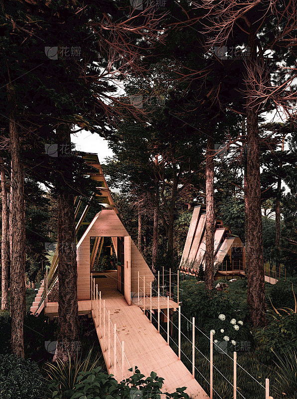 森林中木制冥想小屋的3d渲染