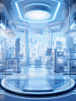 a futuristic space station that has a blue background, in the style of interior scenes, industrial and product design, transparent/translucent medium, light azure and white, studyplace, chen zhen, realistic color schemes