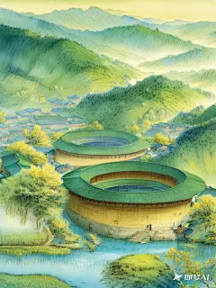 中国山水画，工笔， 错落有致的圆形土楼和树木，蓝绿色水墨风格山川，山体边缘用金色线条勾勒，，高清晰度，高细节