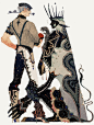 【 插画师 秋屋 蜻一 Akiya_kageichi 】

他的灵感似乎来源于黄金时代欧洲插画师凯尼尔森和哈利·克拉克，有一种古典美加诡异的气息。常常密集的描绘创制人物群像，复古等多元素配搭运用使画面富有装饰味道。我没有选他的更密集复杂的作品，感兴趣的朋友可以查看他的推特号：Akiya_kageichi ​​​​
​​​​...展开全文c