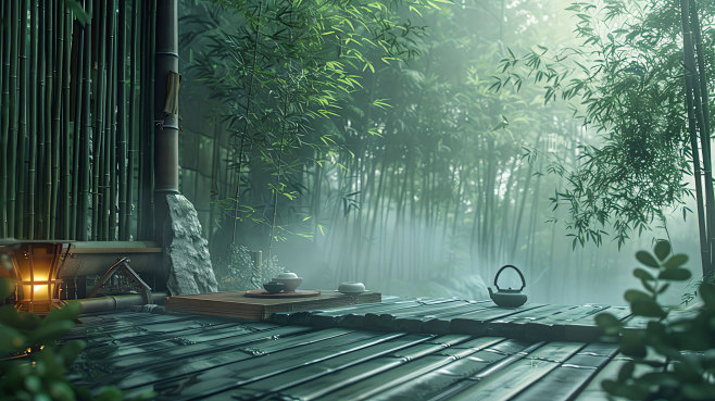 千库网_庭院古风竹林茶具摄影照片_摄影图编号20685342