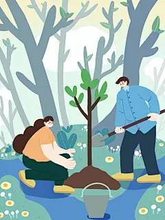 卡通植树节种树公益插画绿色环保手绘海报