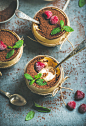 Homemade Tiramisu in glasses with raspberries and fresh mint leaves by Anna Ivanova on 500px