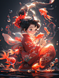 3d character from Disney Pixar, tide play, ip, blind box, whole body, Chinese style, lovely girl, Hanfu, smile, big eyes, Rongyan long hair, transparent glass material, caustics, optics, burning fish, monster, pure black background, particles, particles, 