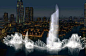 迪拜音乐喷泉（Dubai Fountain）是世界最大的喷泉，由原世界第一美国Bellagio喷泉的制造商WET公司设计的，总投资2.18亿美元，比美国的Bellagio喷泉大25%，成为目前世界最大的音乐喷泉。它的总长度为275米，最高可以喷到150米，相当与一栋50层楼的高度。该喷泉会喷射2.2万加仑的水，并配有6600个灯光以及50个彩色投影机。喷出的水柱有1000多种变化，可以说是名副其实的千变万化。伴随着数首阿拉伯以及来自世界各地的歌曲，喷洒的水柱像是在人们面前跳着优雅的舞蹈，每一场使用的音乐不