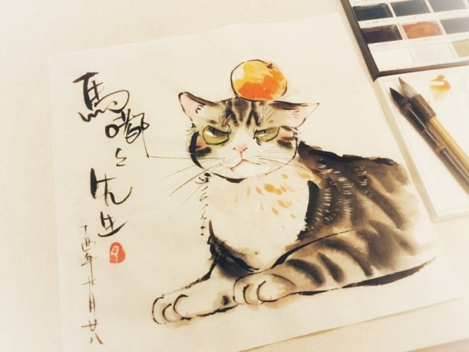 宣纸猫咪手绘插画图片